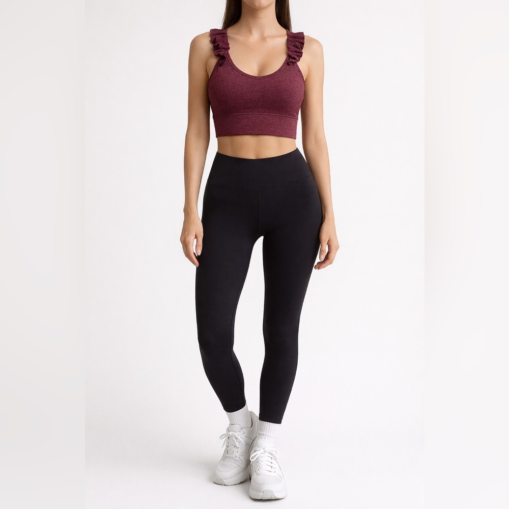 Burgundy ruffle straps sports bra XL feminine athleisure Pilates yoga workout